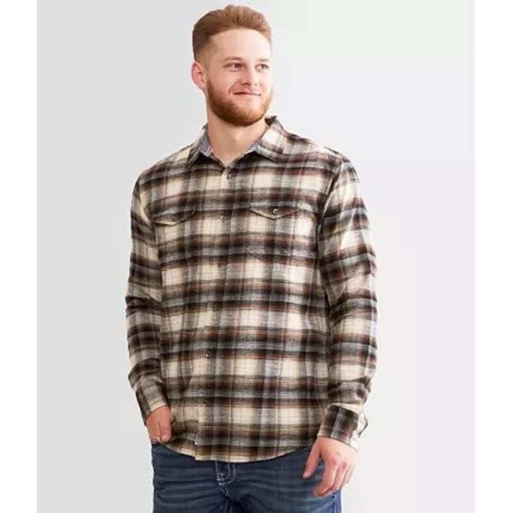 Flag & Anthem Mens Brown Plaid Flannel Button Down Shirt Size L